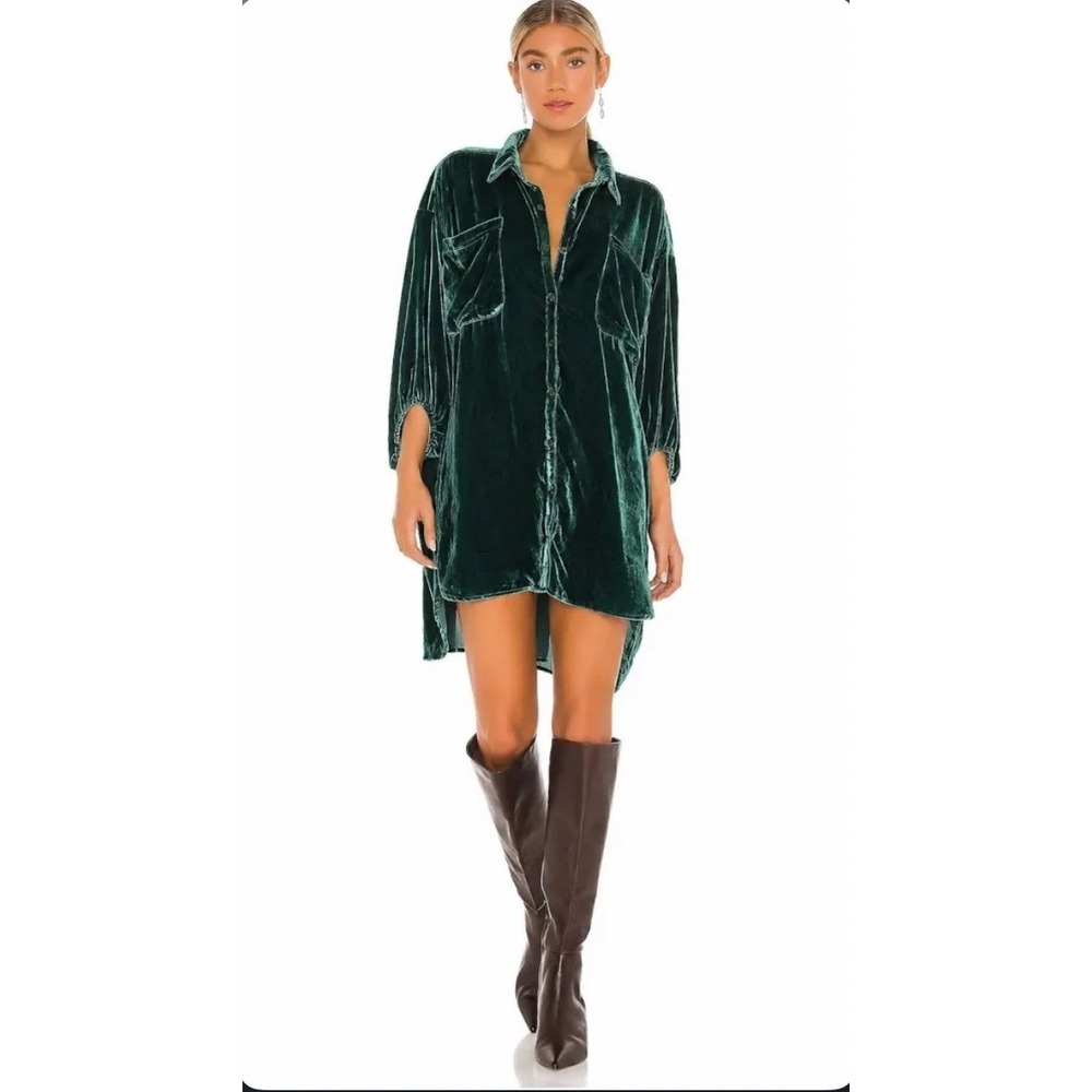 Free People Lux Velvet Emerald Green Oversized Button Down Shirt Dress M